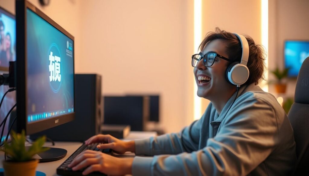 Generate an image of a person happily playing games on a computer with a &quot;優塔娛樂城&quot; logo on the screen.