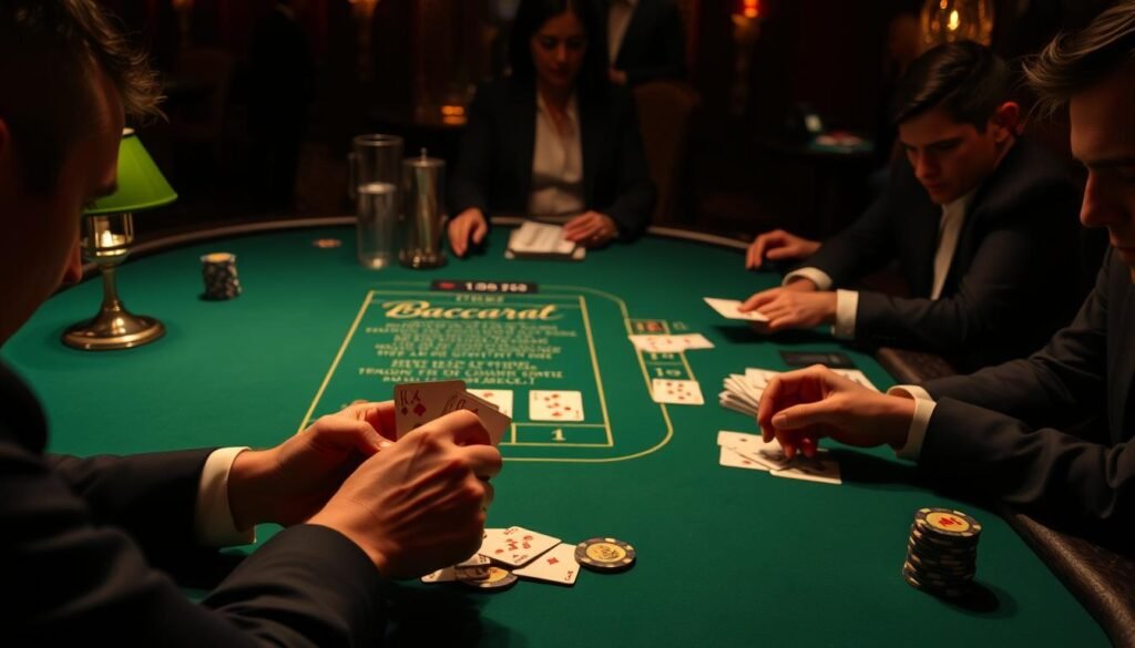 A dimly lit casino table, the green felt surface a canvas for the elegant dance of cards and chips. In the center, the baccarat rules are displayed in a formal, calligraphic script, illuminated by the warm glow of table lamps. The dealer's hands move with practiced precision, shuffling the deck and arranging the cards, their movements captured in a freeze-frame of strategic focus. The players, their faces shrouded in shadow, lean in with rapt attention, absorbing the nuances of the game's fundamental framework. The atmosphere is one of quiet intensity, where the rules serve as the foundation for the high-stakes thrill of chance.