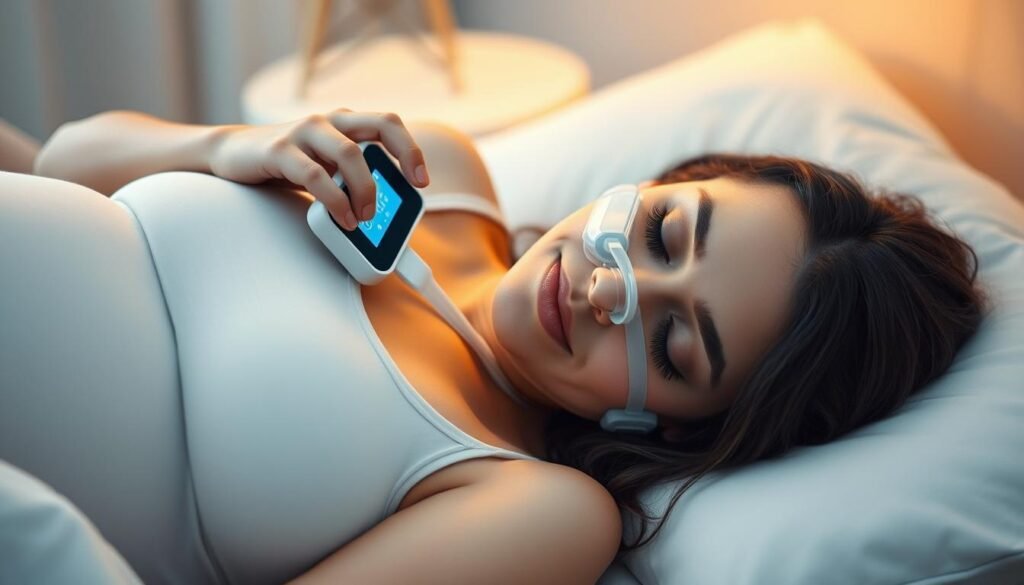 A serene and calming scene depicting a pregnant woman resting comfortably while using an iCareCPAP sleep apnea machine. The device rests gently on her face, with a soft glow emanating from the display. The room is bathed in a warm, diffused light, creating a tranquil atmosphere. The woman's expression is one of peaceful slumber, highlighting the necessity and benefits of using the sleep apnea machine during pregnancy. The scene emphasizes the importance of maintaining respiratory health and well-being for both the mother and the unborn child.