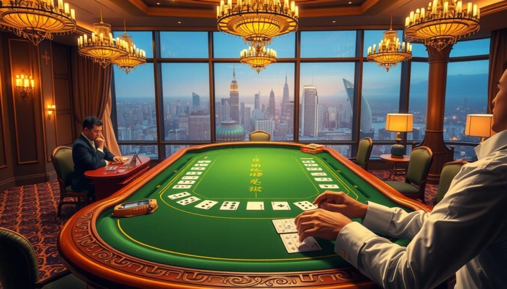 A visually striking and detailed illustration of the "百家補牌規則" in a casino setting. A large, ornate gaming table takes center stage, its green felt surface accented by elegant wooden trim. Dealers in crisp uniforms stand at the ready, their hands expertly manipulating cards. In the foreground, a player intently studies their hand, considering their next move. The room is bathed in a warm, golden light, creating a sense of high-stakes drama. The background features the lush decor of a lavish casino, with plush curtains, gilded chandeliers, and a panoramic view of the city skyline through large windows. The overall scene conveys the crucial importance of the "百家補牌規則" within the broader context of the thrilling game of baccarat.