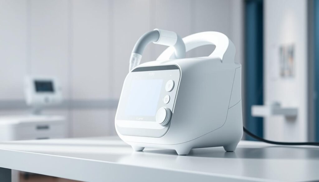 A well-lit, detailed rendering of a modern iCareCPAP respiratory machine. The device is placed on a clean, minimalist desk, with a clinical, soothing atmosphere. The machine features a sleek, white casing with intuitive controls and display. Soft, directional lighting from the side highlights the machine's contours and creates a sense of depth. The background is a blurred, out-of-focus medical setting, suggesting a hospital or clinic environment. The overall impression is one of advanced medical technology, functionality, and safety, suitable for use by expectant mothers.