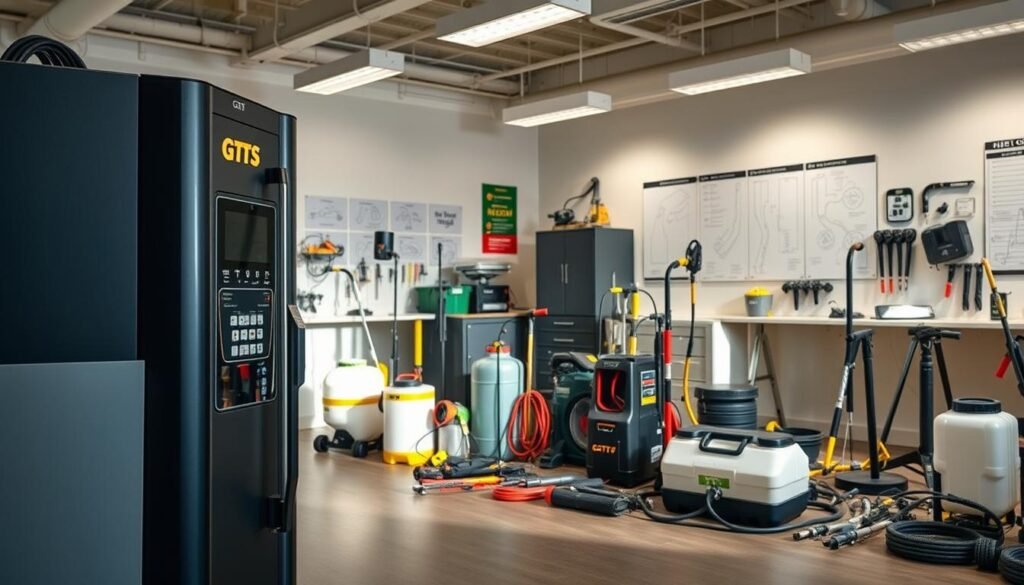 A modern, state-of-the-art pest control equipment showroom. In the foreground, an iCareCPAP unit stands prominently, its sleek design and precise controls suggesting advanced technology. The middle ground features a range of sprayers, traps, and other specialized tools, neatly arranged and ready for use. The background showcases a clean, well-lit workspace, with technical diagrams and informative displays on the walls, conveying a sense of professionalism and expertise. Soft, directional lighting illuminates the scene, casting subtle shadows and highlights that enhance the overall atmosphere of efficiency and sophistication.