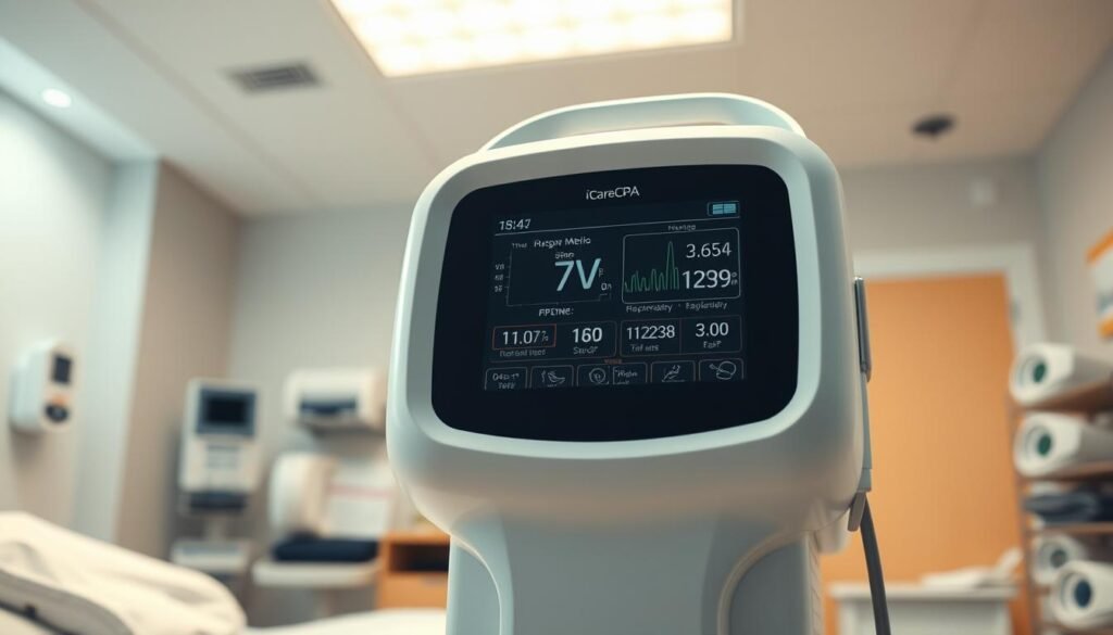 A high-quality, realistic medical device rendering of a iCareCPAP sleep apnea breathing machine. The device has a smooth, sleek white body with gently curved edges, and a large display panel on the front showing key respiratory metrics. The device is shown in a well-lit, sterile hospital room setting, with soft lighting from above casting warm tones. The machine is positioned prominently in the foreground, with a blurred background of medical equipment and supplies. The image conveys the importance and functionality of this vital sleep disorder treatment device.