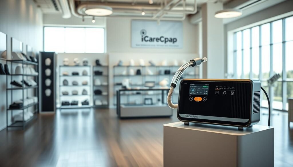 A well-lit, modern showroom interior showcasing the iCareCPAP brand of sleep apnea breathing machines. The foreground features an ergonomic, state-of-the-art CPAP machine on a sleek display stand, its intuitive controls and streamlined design highlighted by strategic lighting. The middle ground showcases various CPAP mask options and accessories, neatly arranged on shelves. The background depicts a serene, minimalist space with floor-to-ceiling windows, allowing natural light to flood the room and create a calming, welcoming atmosphere. The overall scene conveys a sense of professionalism, innovation, and a commitment to providing high-quality sleep apnea treatment solutions.