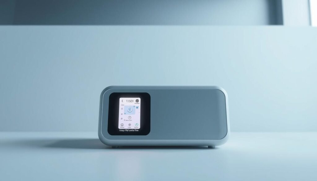 A highly detailed, technologically advanced iCareCPAP sleep apnea machine, meticulously rendered against a clean, minimalist backdrop. The device's sleek, modern design features a softly illuminated display panel showcasing its smart, intuitive functions - automatic pressure adjustments, real-time breathing pattern monitoring, and customizable alert settings. Diffused lighting emanates from the machine, creating a serene, calming atmosphere. The image captures the intelligent, user-friendly nature of this state-of-the-art sleep apnea solution, highlighting its seamless integration of advanced medical technology and innovative smart home functionality.