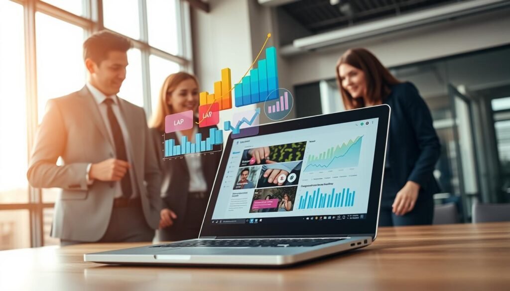 A sleek and modern digital advertising strategy visualization, showcasing an open laptop displaying LINE LAP's advertisement interface. In the foreground, a diverse team of three professionals—a man in a tailored suit, a woman in smart casual attire, and a woman in business attire—collaboratively analyzing data and brainstorming. In the middle ground, colorful graphs and charts representing engagement metrics from LAP advertisements float above the laptop, symbolizing growth and attention. The background features an office setting with large windows allowing natural light to flood in, casting soft shadows. The mood is dynamic and focused, emphasizing collaboration and innovation in advertising strategies. The perspective is slightly elevated, capturing the excitement and potential of effective digital marketing.