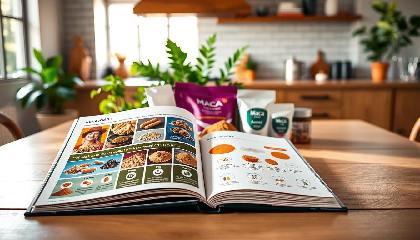 A vibrant and informative image showcasing "Maca Product Selection Guide." In the foreground, an open modern guidebook on a clean, wooden table, displaying colorful images of various maca products along with icons summarizing selection criteria. In the middle layer, neatly arranged maca powder packages and capsules, highlighting their packaging and labels, surrounded by green plants to evoke a natural feel. The background features a softly blurred kitchen setting with natural light streaming through a window, creating a warm and inviting atmosphere. Use a shallow depth of field to focus on the guidebook and maca products, emphasizing clarity and professionalism, while keeping the overall mood bright and educational.