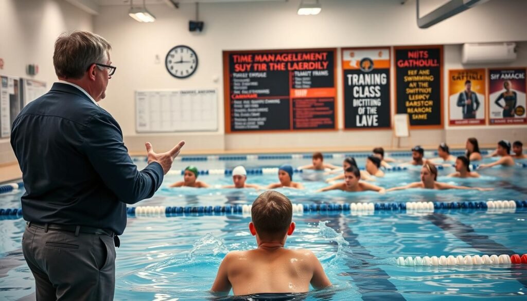 A focused and organized swimming class scene, depicting a diverse group of young athletes engaging in a structured training session. In the foreground, a coach in smart casual attire is instructing a group of students, emphasizing technique with clear visuals. The middle ground features students practicing their strokes in a well-maintained indoor pool, with swimming lanes clearly marked. The background includes a large wall clock displaying the time, a whiteboard with a training schedule, and inspirational posters related to time management and teamwork. Soft overhead lighting enhances the vibrant atmosphere, while reflections on the water create a dynamic visual effect. The mood is motivated and determined, showcasing the balance between athletic training and time management.