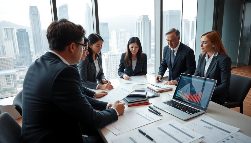 A professional business scene depicting the legal framework for accounting services and business registration in Hong Kong. Foreground: a group of diverse professionals in business attire discussing documents and charts related to accounting regulations. Middle: a table filled with legal documents, ledgers, and a laptop displaying financial data. Background: an office environment with large windows showing a cityscape of Hong Kong, incorporating iconic buildings. The lighting is bright and inviting, highlighting the details on the table. The atmosphere is focused and serious, conveying the importance of legal compliance in accounting services. Wide-angle perspective to capture the depth of the setting while maintaining clarity on the subjects and documents.