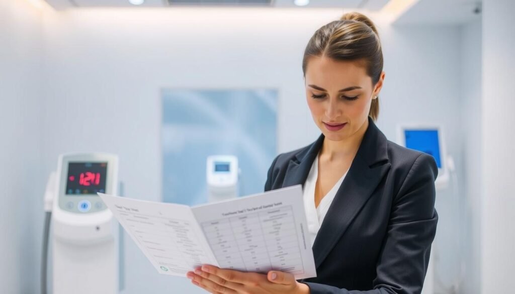 A professional setting depicting various factors influencing the cost of laser hair removal. In the foreground, a focused, well-dressed female consultant analyzes a chart with key data points such as "skin type," "treatment area," and "session frequency." In the middle, a display of laser hair removal equipment is showcased, emphasizing modern technology. In the background, a clean, clinical environment with soothing colors enhances the atmosphere. Soft, diffused lighting casts a calm ambiance, reflecting professionalism and trust. The angle captures both the consultant and the equipment, creating a dynamic yet organized composition that illustrates the intricacies of pricing factors in laser hair removal treatments.