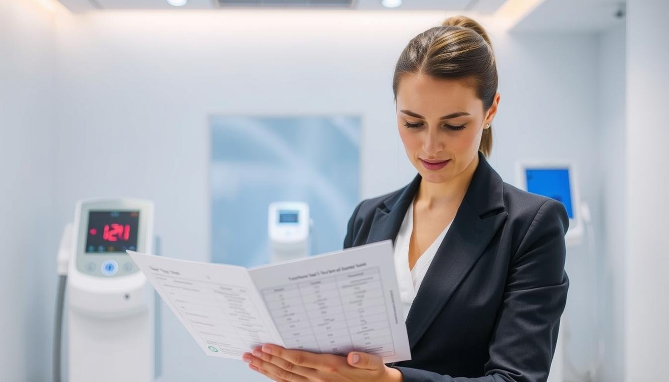 A professional setting depicting various factors influencing the cost of laser hair removal. In the foreground, a focused, well-dressed female consultant analyzes a chart with key data points such as "skin type," "treatment area," and "session frequency." In the middle, a display of laser hair removal equipment is showcased, emphasizing modern technology. In the background, a clean, clinical environment with soothing colors enhances the atmosphere. Soft, diffused lighting casts a calm ambiance, reflecting professionalism and trust. The angle captures both the consultant and the equipment, creating a dynamic yet organized composition that illustrates the intricacies of pricing factors in laser hair removal treatments.