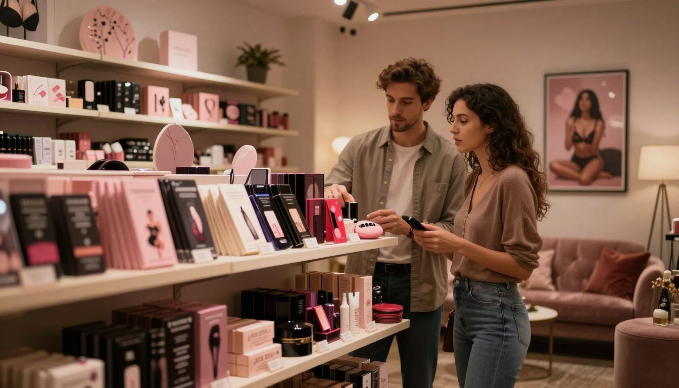 A cozy and inviting interior of a sex shop, emphasizing a welcoming atmosphere for first-time visitors. The foreground features neatly arranged shelves displaying a variety of products, such as sensual items and romantic accessories, with soft lighting enhancing their appeal. In the middle, a well-dressed couple, displaying curiosity and excitement, peruses the selection. They are comfortably dressed in modest casual clothing. The background showcases soft, warm lighting that creates a cinematic and intimate vibe, highlighting decorative elements like themed posters and plush seating areas, inviting exploration. The overall composition exudes a friendly and approachable environment, ensuring a safe and comfortable shopping experience in a warm, 4:3 aspect ratio.