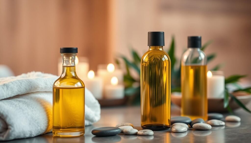 A serene, elegantly arranged spa setting featuring a selection of massage oils and lubricants together, highlighting their dual functions. In the foreground, a beautifully designed glass bottle of massage oil sits next to a pristine towel and natural pebbles, conveying a sense of luxury and relaxation. The middle ground showcases soft-focus elements like gently scented candles and lush greenery, enhancing the calming atmosphere. In the background, warm, diffused lighting creates an inviting ambiance, reminiscent of a professional wellness retreat. The composition evokes a sense of harmony and indulgence, ideal for illustrating the perfect combination of massage and lubrication products.