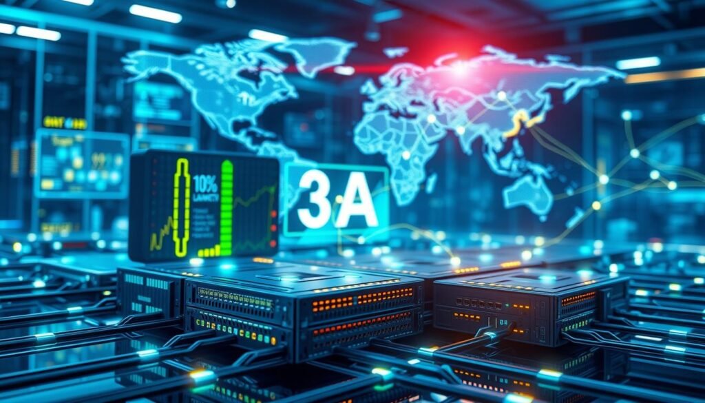 A futuristic and sleek digital architecture illustration representing the "3A" digital platform, focusing on connection latency optimization technology. In the foreground, a detailed 3D model of interconnected servers and routers with glowing data streams highlighting their interaction. The middle ground features stylized graphs and data metrics showcasing latency reductions, while the background includes a digital world map with highlighted paths illustrating cross-border connections. The lighting is bright and high-tech, reflecting a sense of innovation and efficiency, with a blue and green color palette enhancing the modern feel. The composition should convey an atmosphere of advanced technology and professionalism, suitable for a technology-focused article.