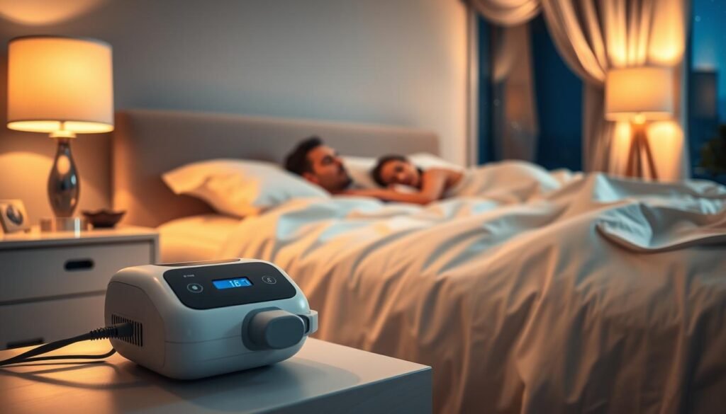 A serene bedroom setting showcasing the importance of a sleep apnea machine. In the foreground, a sleek, modern CPAP machine is prominently displayed on a bedside table, its subtle blue light glowing softly. The middle ground features a peaceful sleeping couple, depicted in modest sleepwear, demonstrating restful sleep, with gentle, rhythmic breathing. In the background, a calming atmosphere is created by softly glowing nightstand lamps and a window showing a tranquil night sky, speckled with stars. Soft shadows cast across the room evoke warmth and comfort, signifying a safe sleeping environment. The composition emphasizes tranquility and the vital role of the sleep apnea machine in ensuring restful sleep. The lighting is warm and inviting, creating an atmosphere of peace and reassurance.