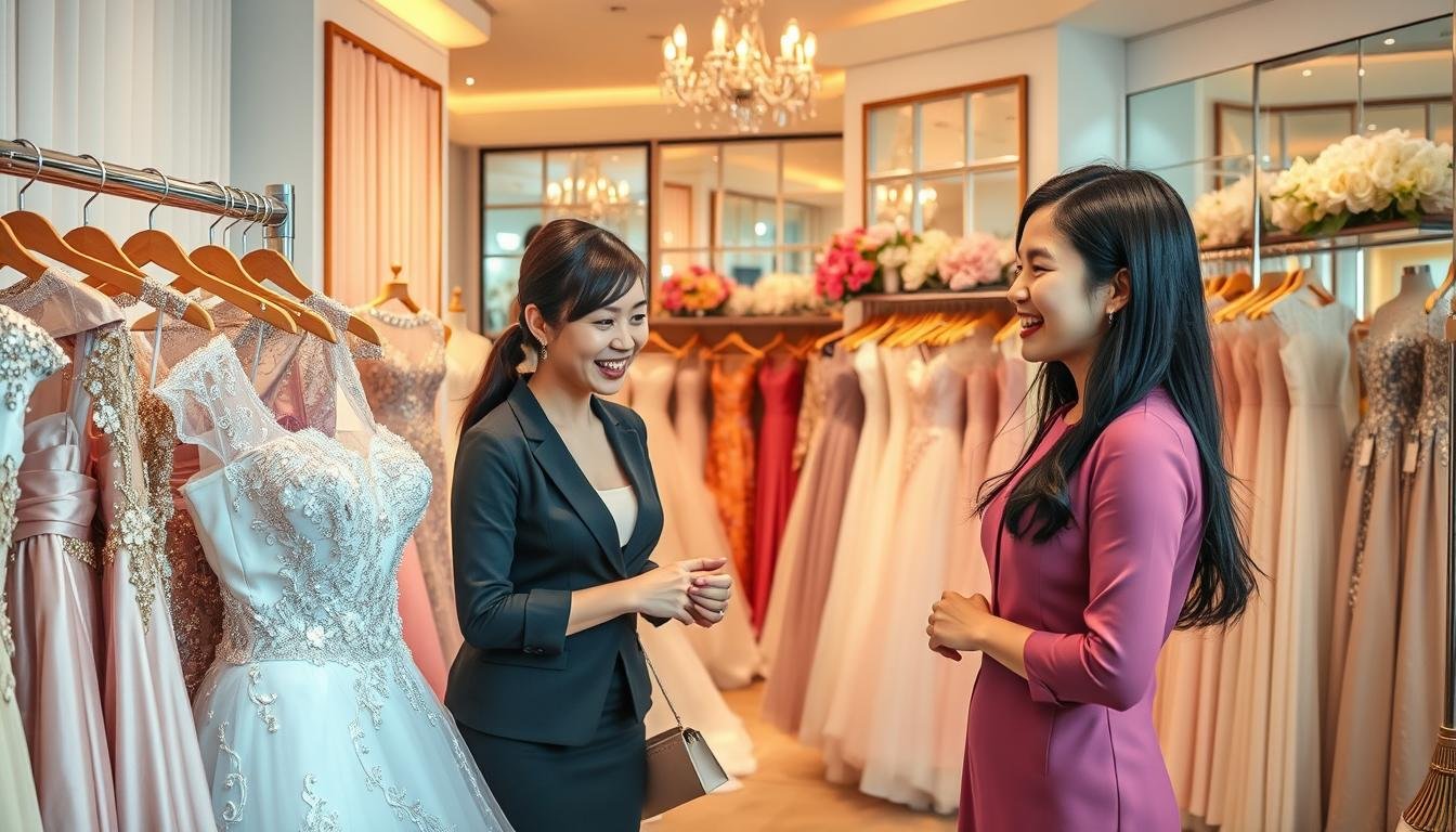 A chic Taipei formal dress shop interior showcasing exceptional customer service. In the foreground, a well-dressed female staff member, wearing professional attire, assists a cheerful customer who is admiring an elegant gown. The middle ground features racks of beautiful, embellished dresses in varied styles and colors, while a fitting room with soft curtains is visible. The background presents a softly lit ambiance with warm lighting, highlighting the sophisticated decor of the boutique, including mirrors and tasteful floral arrangements. The atmosphere is friendly and welcoming, emphasizing a high standard of customer service in this bustling Taipei setting. Use a wide-angle lens to capture the entire scene with vibrant colors and a harmonious composition.