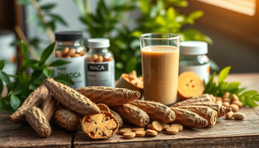 A detailed and visually engaging still life arrangement showcasing the powerful benefits of maca. In the foreground, vibrant maca root tubers, in various stages of preparation, are artfully arranged on a rustic wooden table. The middle layer features a glass of maca powder mixed into a smoothie, reflecting its health-boosting properties. Surrounding these elements are supplements in sleek containers, conveying a sense of modern wellness. The background includes softly blurred, lush green plants, symbolizing health and vitality. The lighting is soft and warm, creating an inviting atmosphere, with natural light illuminating the maca roots and smoothie, enhancing their textures and colors. The overall mood is energizing and optimistic, perfect for illustrating the importance of maca's benefits for men's health and stamina.