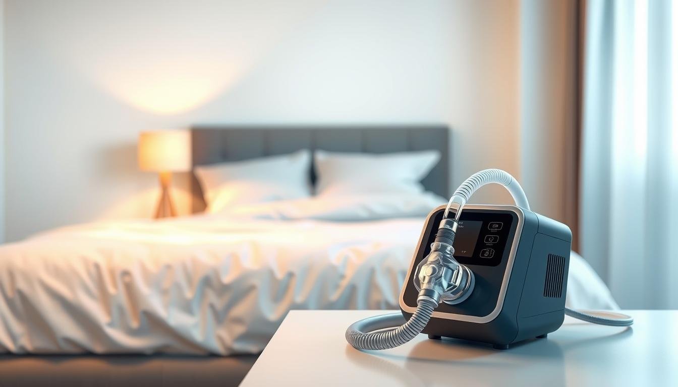 A detailed illustration of a sleep apnea machine in a modern bedroom setting, showcasing its essential functions. In the foreground, the sleek sleep apnea device is prominently displayed on a bedside table, featuring a mask and tubing to emphasize its purpose. The middle ground includes a cozy bed with soft, inviting linens and a peaceful atmosphere. In the background, a soothing nightstand lamp casts gentle, warm light, enhancing the calm environment. The overall mood is serene and healing, symbolizing the relief provided by the device. Use a wide-angle lens to capture the space, ensuring the elements are well-lit, with soft shadows to create depth and texture.