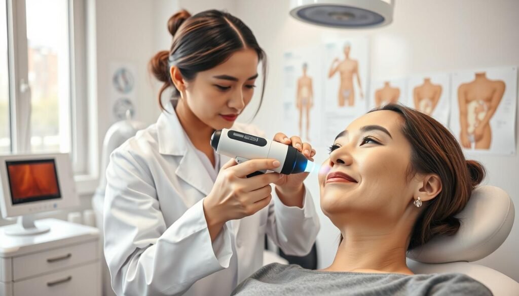 A focused medical clinic setting showcasing a laser treatment for skin pigmentation, specifically targeting superficial spots. In the foreground, a professional female dermatologist in a white lab coat, gently operating a high-tech laser device on a patient’s face, demonstrating care and precision. The patient, a diverse Hong Kong woman in modest, casual clothing, appears relaxed and reassured. The scene is well-lit with soft, natural light filtering through large windows, creating a clean and inviting atmosphere. In the background, medical equipment and skin diagrams are visible, enhancing the clinical context. The overall mood is one of professionalism and hope, highlighting the effectiveness of laser treatment against superficial pigmentation. No text or distractions in the image.