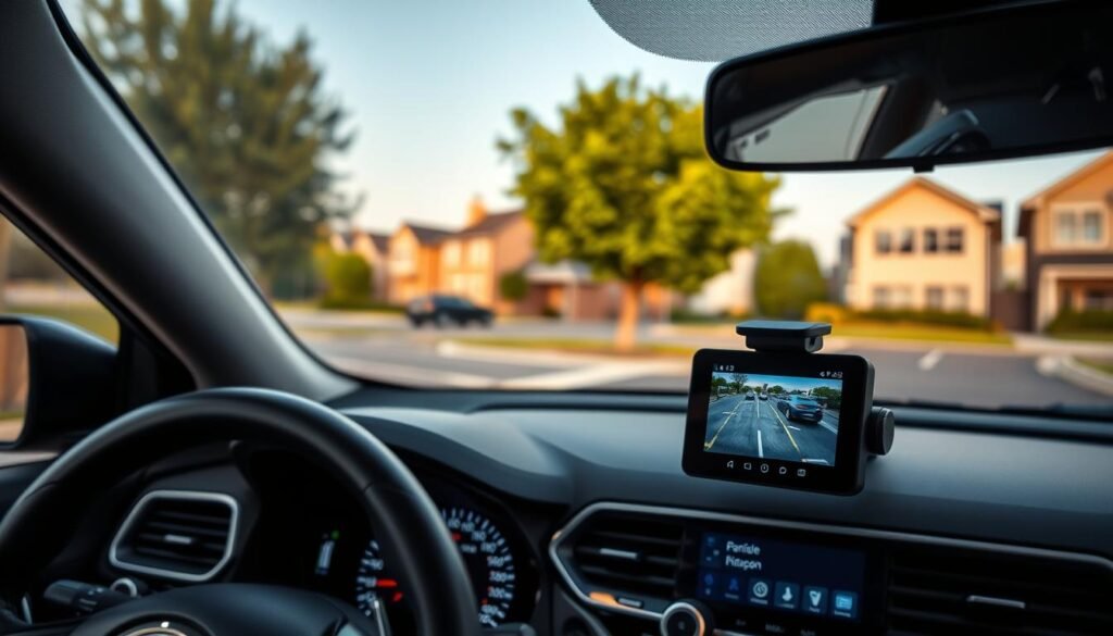 A modern car dashboard featuring a high-tech dashcam prominently displayed, capturing vivid footage of a parking lot scene. In the foreground, show the dashcam with a sleek design, illuminated by soft LED lights, emphasizing its advanced technology. The middle ground should depict a parked car with a clear view of its surroundings, highlighting the dashcam's intelligent parking monitoring feature. In the background, a suburban street with well-maintained houses and trees adds a sense of calm and safety. The lighting is natural, suggesting early morning or late afternoon, creating a warm atmosphere. Capture the scene from a slight angle, focusing on the dashcam’s screen displaying real-time footage, showcasing its utility and innovation in enhancing vehicle safety.
