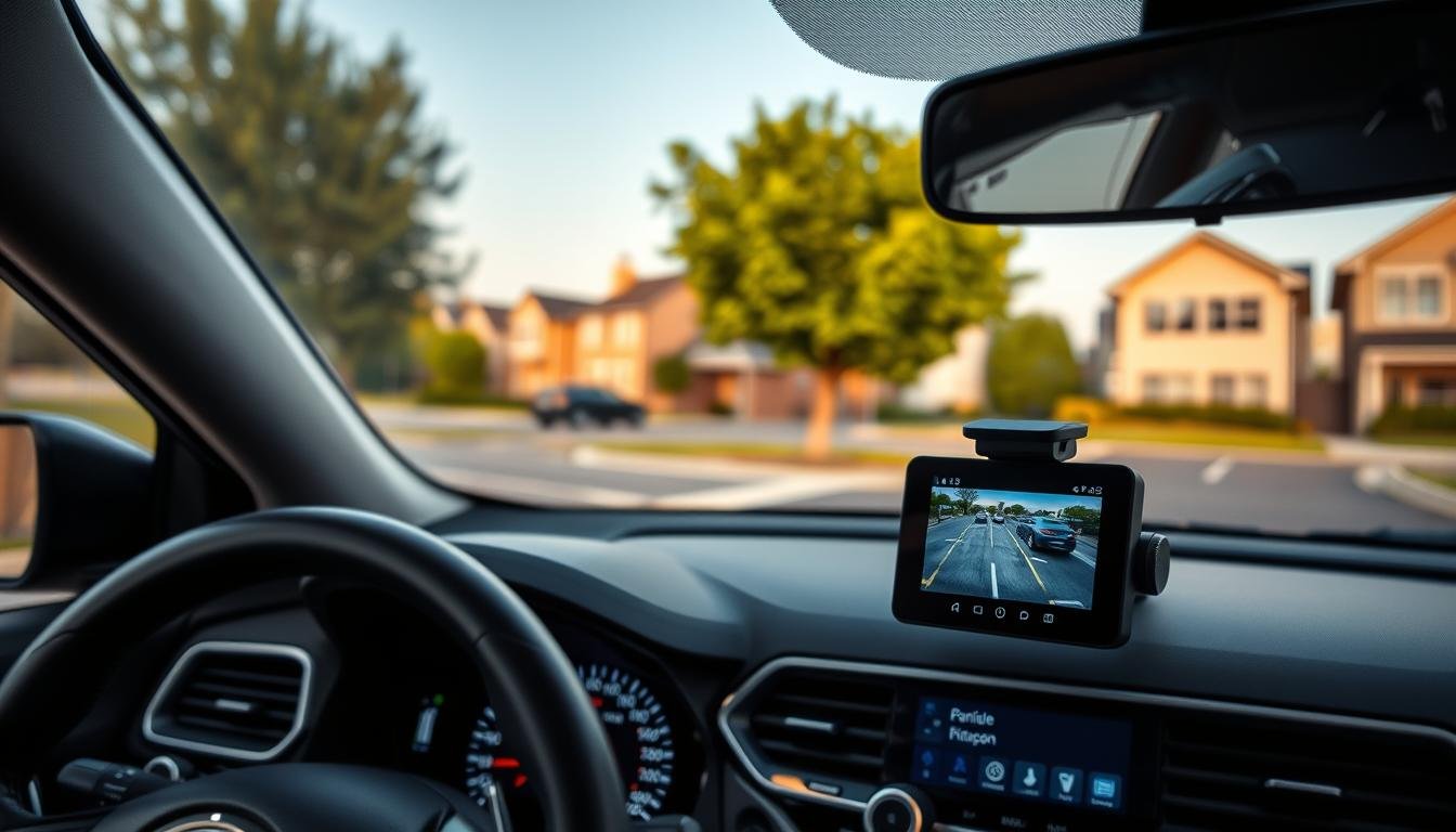 A modern car dashboard featuring a high-tech dashcam prominently displayed, capturing vivid footage of a parking lot scene. In the foreground, show the dashcam with a sleek design, illuminated by soft LED lights, emphasizing its advanced technology. The middle ground should depict a parked car with a clear view of its surroundings, highlighting the dashcam's intelligent parking monitoring feature. In the background, a suburban street with well-maintained houses and trees adds a sense of calm and safety. The lighting is natural, suggesting early morning or late afternoon, creating a warm atmosphere. Capture the scene from a slight angle, focusing on the dashcam’s screen displaying real-time footage, showcasing its utility and innovation in enhancing vehicle safety.
