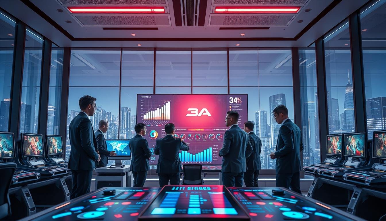 A modern, sleek office interior representing a high-stakes online gaming environment. In the foreground, a diverse group of professionals dressed in business attire are engaged in a heated discussion over a large digital screen displaying data analytics related to anti-money laundering efforts. The middle ground highlights futuristic gaming consoles and an array of graphical data charts illustrating 3A Entertainment City’s real-name registration impact. The background features large glass windows showcasing a city skyline under bright, clear lighting, symbolizing transparency and security. The atmosphere is serious and focused, underpinned by a sense of urgency and professionalism, enhancing the theme of combating money laundering in online entertainment. The image should be immersive, with defined layers and a crisp, clear aesthetic.