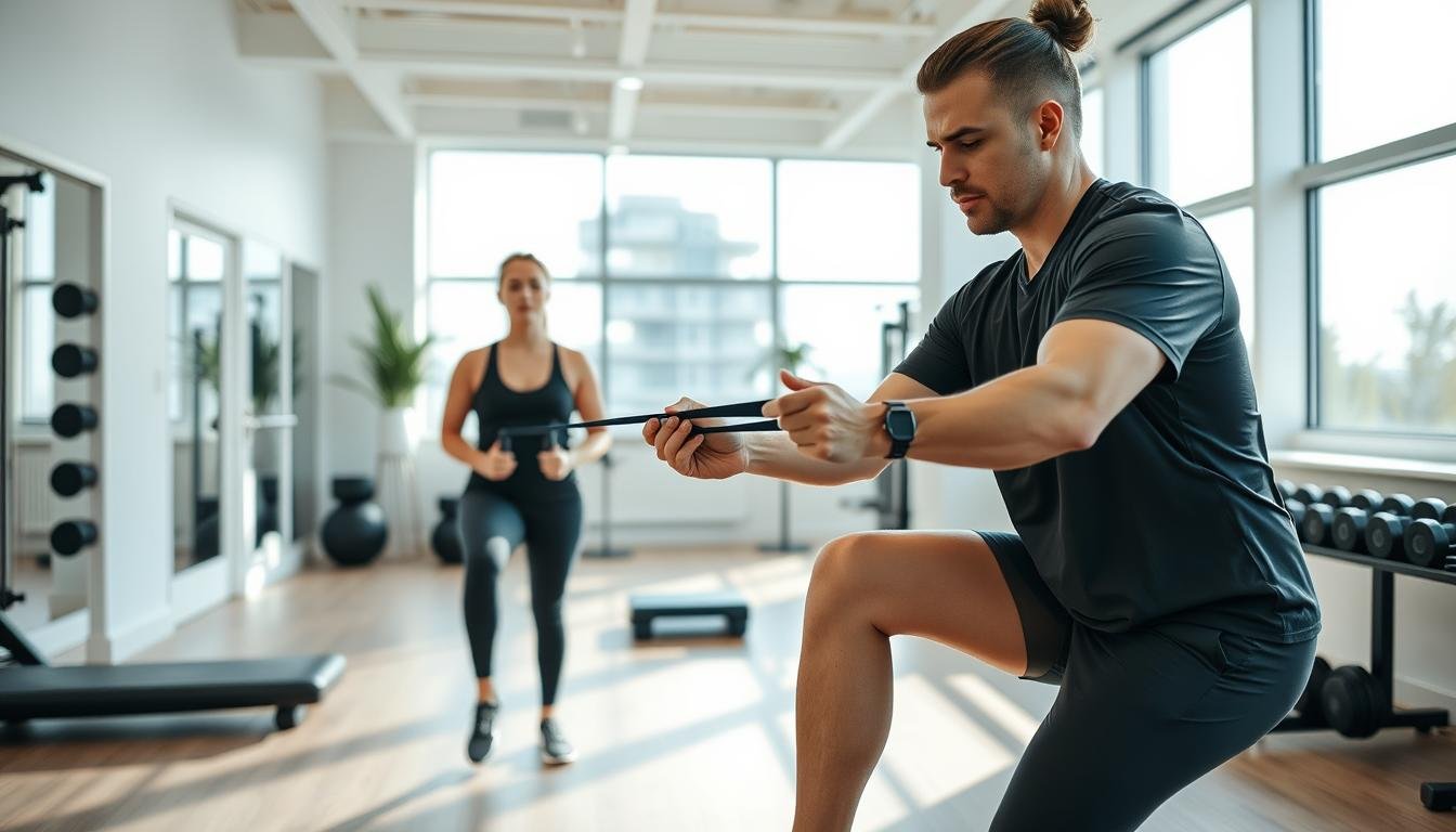 A professional physical therapist guides a patient in a modern rehabilitation clinic, focusing on advanced open-kinetic chain exercises for ACL injury recovery. The foreground shows the therapist demonstrating a deep quadriceps strengthening technique with a resistance band, emphasizing correct posture and movement. The middle ground features exercise equipment like balance boards and weights, conveying a sense of professionalism and purpose. The background includes bright, natural lighting streaming through large windows, with sleek, minimalist decor to create a calming atmosphere. The scene portrays an engaged and supportive environment, emphasizing concentration and determination in the rehab process. The patients are dressed in modest athletic wear, reflecting a professional and focused rehabilitation session.