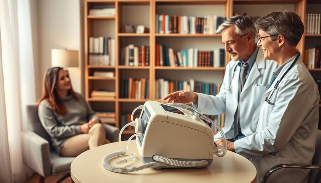 A softly lit medical consultation room, centered on a physician discussing the use of a sleep apnea machine with a patient. In the foreground, the doctor, dressed in a professional white coat, is explaining the device while pointing to its features. The patient, wearing comfortable casual clothing, listens attentively while seated in a chair. The middle background showcases the sleep apnea machine on a table, detailed with tubes and masks, highlighting its functionality. In the background, shelves filled with medical books and health resources create an informative atmosphere. The warm lighting casts a calming glow, encouraging a sense of trust and professionalism, as if conveying the importance of seeking medical advice for using sleep breathing devices responsibly.