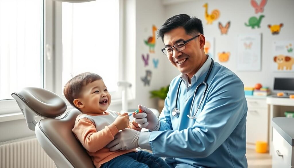 A warm and inviting pediatric dental clinic scene, showcasing a friendly dentist in professional attire engaging with a cheerful child sitting in a dental chair. The dentist, a middle-aged Asian man with a gentle smile, is demonstrating a fun dental tool to the child, who appears curious and relaxed. Surrounding them are colorful wall decorations featuring cartoon animals, creating a playful atmosphere. In the background, soft natural light filters through large windows, illuminating the room with a calming glow. The layout should include dental posters and a small toy area visible in the background, enhancing the theme of comfort and trust. The image conveys a reassuring and safe environment, emphasizing the strong bond between the dentist and child.