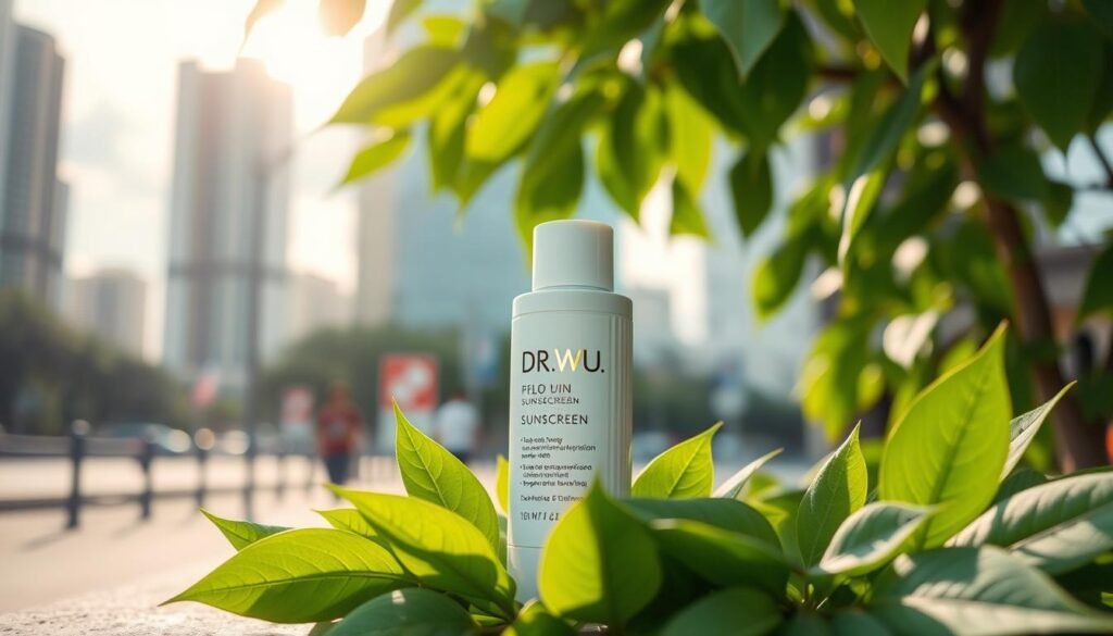A high-quality, visually appealing image of a bottle of DR.WU sunscreen positioned prominently in the foreground, featuring an elegant, minimalist design. Surround the bottle with fresh, vibrant green leaves to evoke a sense of natural protection against the sun. In the background, a softly blurred urban landscape is visible, hinting at high humidity, with sunlight filtering through clouds, creating a warm, inviting glow. The lighting should emphasize the sheen of the sunscreen bottle, reflecting its effectiveness and premium quality. The scene is infused with a calm, fresh atmosphere, capturing the essence of beauty and skincare in a high-temperature, humid climate. Ensure that no text or logos appear in the image.