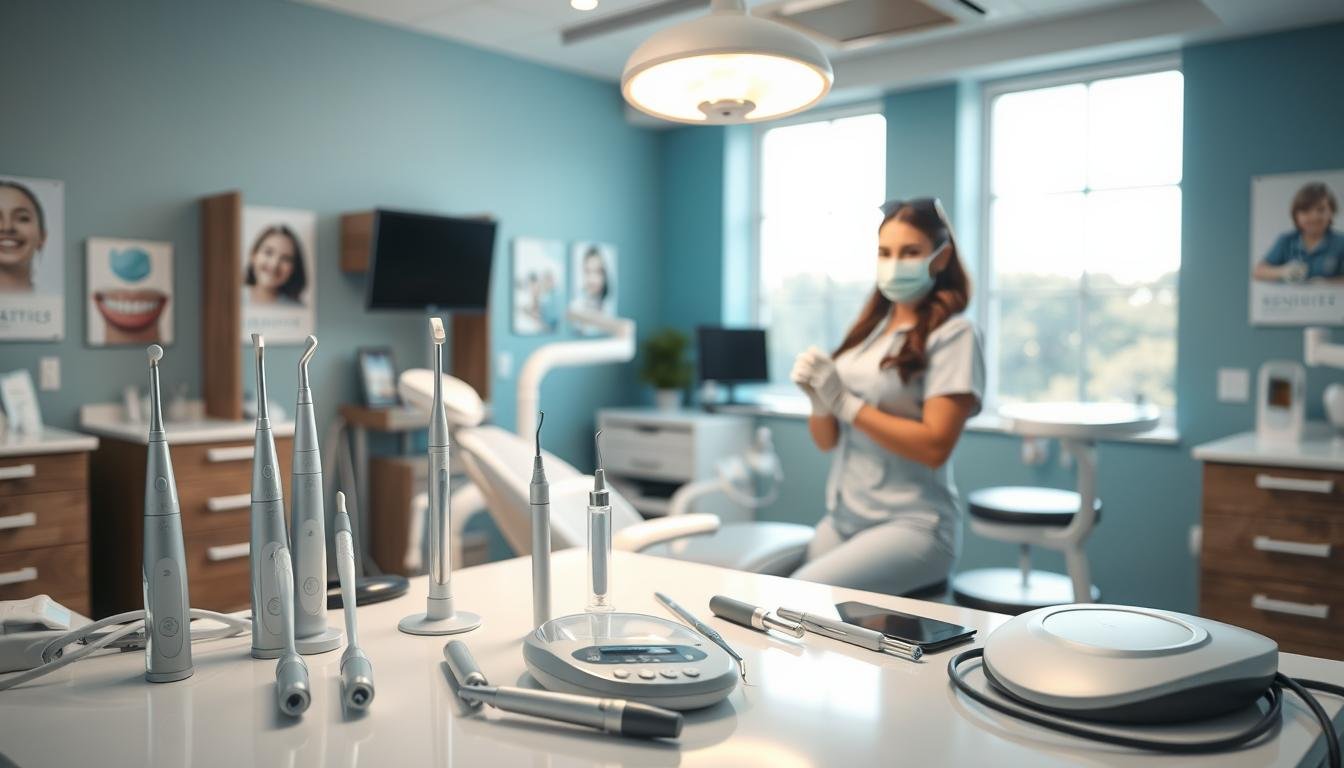 A modern dental clinic environment focused on teeth cleaning services. In the foreground, display an array of professional dental equipment like ultrasonic scalers and suction devices, neatly arranged on a countertop. In the middle, include a brightly lit dental chair with a clean, white examination light above it, emphasizing hygiene and professionalism. The background features large windows allowing natural light to fill the room, with soothing blue or green walls decorated with dental posters. Add a friendly dental hygienist in professional attire, gently preparing instruments while wearing gloves and a mask. The atmosphere should feel welcoming and reassuring, conveying trust and high quality service in a clean, organized space.