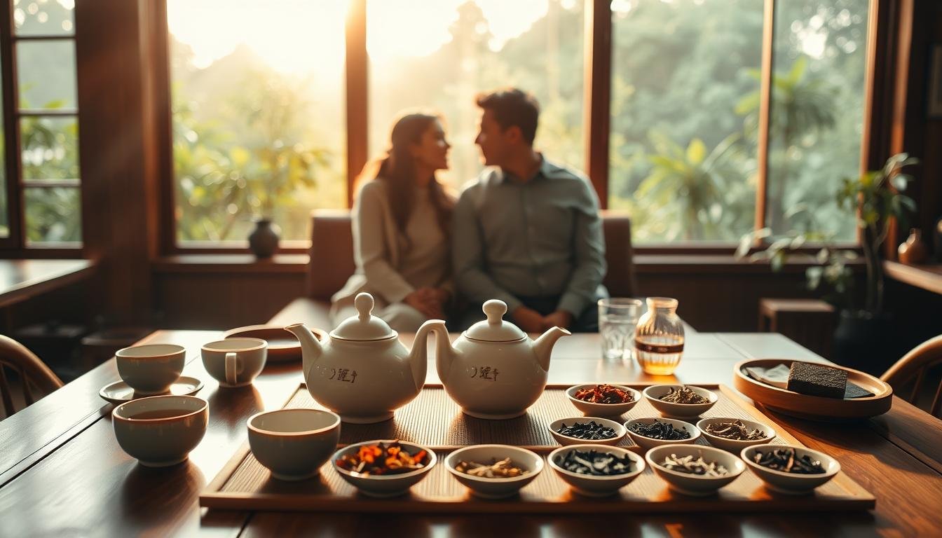 A serene and cozy tea experience in Taichung, showcasing a beautifully arranged tea set on a wooden table. In the foreground, delicate ceramic teacups, a traditional teapot, and an assortment of colorful tea leaves displayed in small bowls. In the middle, a couple dressed in modest casual clothing sits across from each other, engaged in a relaxed conversation, surrounded by a warm, inviting atmosphere. Soft golden light filters through large windows, casting gentle shadows on the table. The background reveals lush greenery, enhancing the tranquility of the setting. The overall mood is intimate and romantic, with a cinematic quality, perfectly illustrating the theme of elevating the tea experience with small, thoughtful tips. 4:3 aspect ratio.