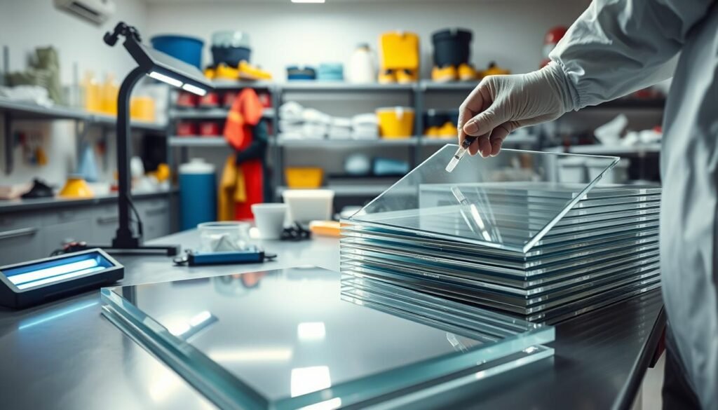 A well-lit laboratory setting featuring an array of flat polycarbonate sheets being glazed. In the foreground, a close-up of hands applying a clear coating to the transparent panels, highlighting their smooth, reflective surfaces. In the middle, showcase the polycarbonate sheets stacked on a workbench alongside laboratory tools and equipment, such as a UV lamp and protective gear. The background includes shelves filled with safety gear like goggles, gloves, and masks, subtly emphasizing the safety aspect. Use bright, even lighting to create a clean, sterile atmosphere, with a slight lens blur for depth. The scene conveys a sense of professionalism and innovation in safety compliance, reflecting the protective benefits of polycarbonate materials.