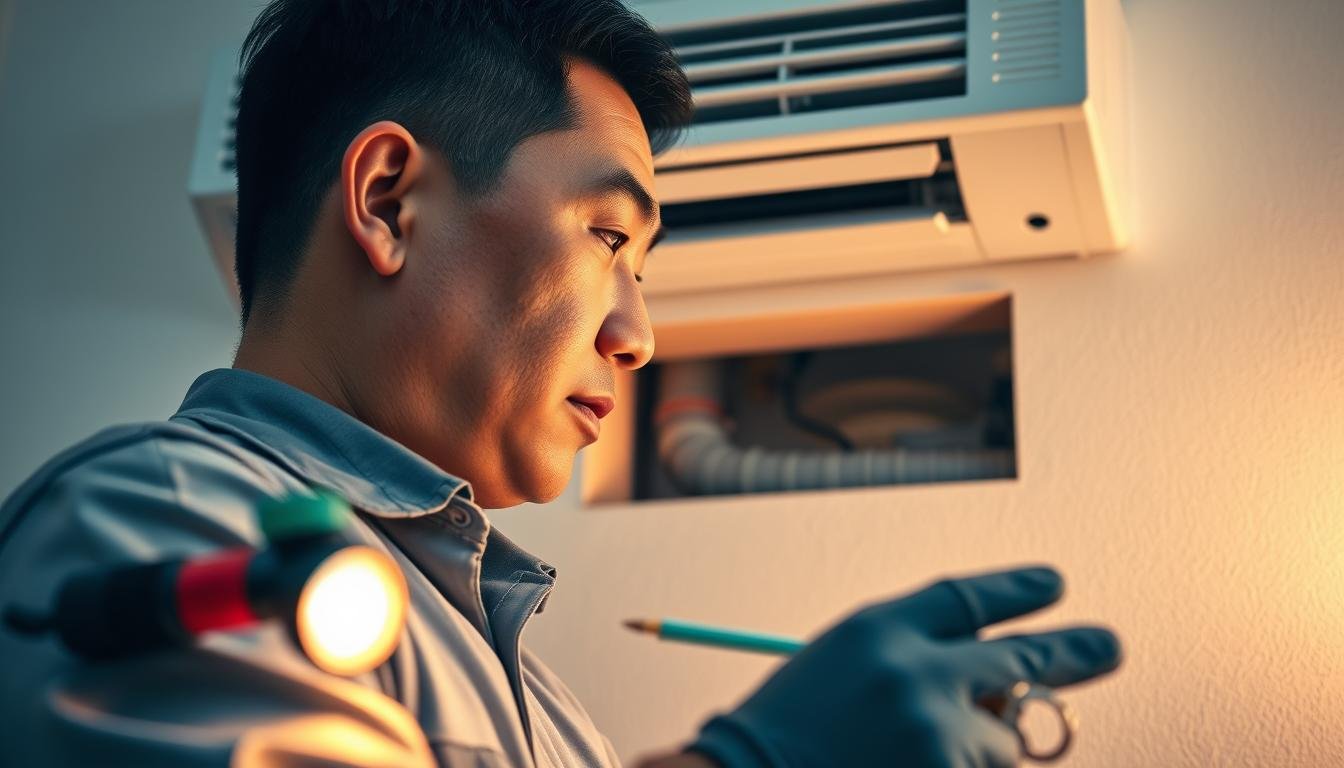A close-up view of a technician carefully inspecting a wall-mounted air conditioning unit, focusing on the hidden drain pipe that is blocked. In the foreground, tools like a flashlight, a pipe cleaner, and gloves are neatly arranged. The technician, a middle-aged Asian man in a professional uniform, stares intently at the wall where the drain pipe is located, illuminated by soft, warm lighting that highlights the details of the wall's texture and the tools. The middle ground shows the interior of the wall, slightly open to reveal hints of the blockage in the drain pipe, with subtle shadows adding depth. The background is softly blurred, suggesting an indoor environment like a home or office, creating an atmosphere of professionalism and diligence, emphasizing the importance of proper maintenance and repairs.
