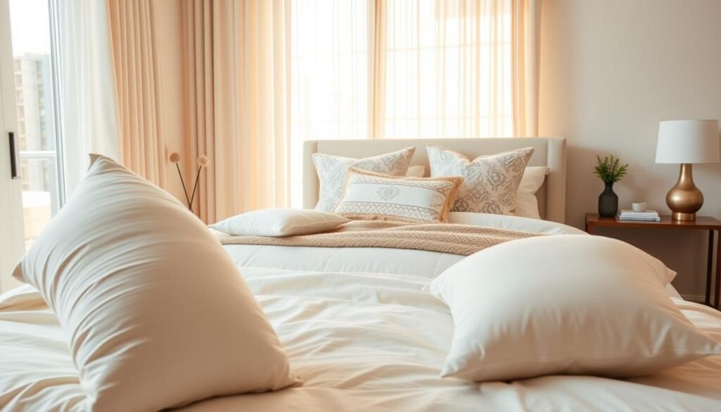 A modern, inviting home interior showcasing a beautifully arranged bedding collection from Smilelong, emphasizing quality and comfort. In the foreground, plush pillows and a luxurious comforter in soft, neutral tones create an inviting space. The middle ground features a well-made bed with tastefully coordinated bedding accents, including decorative throws and cushions. In the background, warm natural light filters through sheer curtains, casting a soft glow across the room. A stylish bedside table holds a small plant and a decorative lamp, adding to the cozy atmosphere. The scene conveys trustworthiness and comfort, ideal for home shopping enthusiasts seeking reliable American sourcing for bedding. The lighting is bright and airy, evoking a sense of calm and relaxation, taken from a slightly elevated angle to capture the entire bed setup.