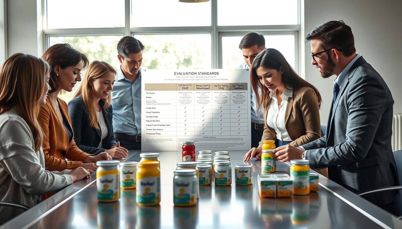 A professional setting depicting the evaluation standards for American product recommendations, focusing on infant formula. In the foreground, a diverse group of well-dressed individuals, including parents and experts, are engaged in a thoughtful discussion, analyzing product samples laid out on a sleek table. In the middle, a large, detailed chart displaying key evaluation criteria such as quality, safety, and nutritional value is partially visible. The background features a bright, modern office environment with large windows allowing natural light to stream in, casting soft shadows. The atmosphere conveys a sense of trust and professionalism, highlighting the importance of informed purchasing decisions for infant formula. The image should evoke a feeling of conscientiousness and collaboration.