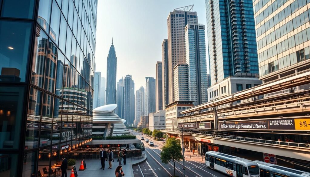 A futuristic cityscape of Hong Kong with a focus on office buildings to represent the evolving rental market. In the foreground, a modern glass office building with sleek architectural lines, showcasing a vibrant workspace with professional individuals in business attire collaborating. The middle ground features a bustling street with various businesses, cafes, and amenities, highlighting the relationship between office spaces and commercial offerings. In the background, an array of skyscrapers under a bright, clear sky, with a hint of green spaces and extensive transport networks, like trains and buses, indicating connectivity. Warm, natural lighting creates an optimistic atmosphere, emphasizing growth and opportunity in Hong Kong's office rental market. The scene captures both the dynamics of urban development and the balance of transportation access.