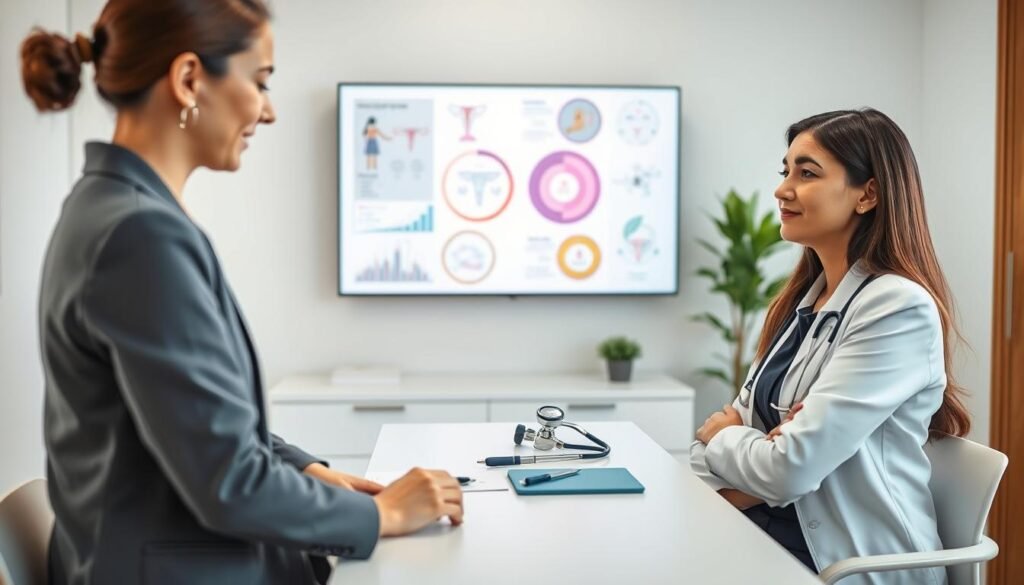 A comparative analysis of menstrual irregularities and PCOS treatment processes in a clinical setting. In the foreground, a professional female doctor in a smart business attire is engaged in a conversation with a patient seated at a consultation table, both appearing attentive and respectful. In the middle background, a digital screen displays informative graphics related to PCOS diagnostics and treatment methods, including various medical instruments on a nearby table. Soft, natural lighting emphasizes the warm, inviting atmosphere of the modern medical clinic. The camera angle captures the intensity of their discussion, focusing on the patient’s thoughtful expression. The image aims to convey a sense of hope and professionalism in medical care.