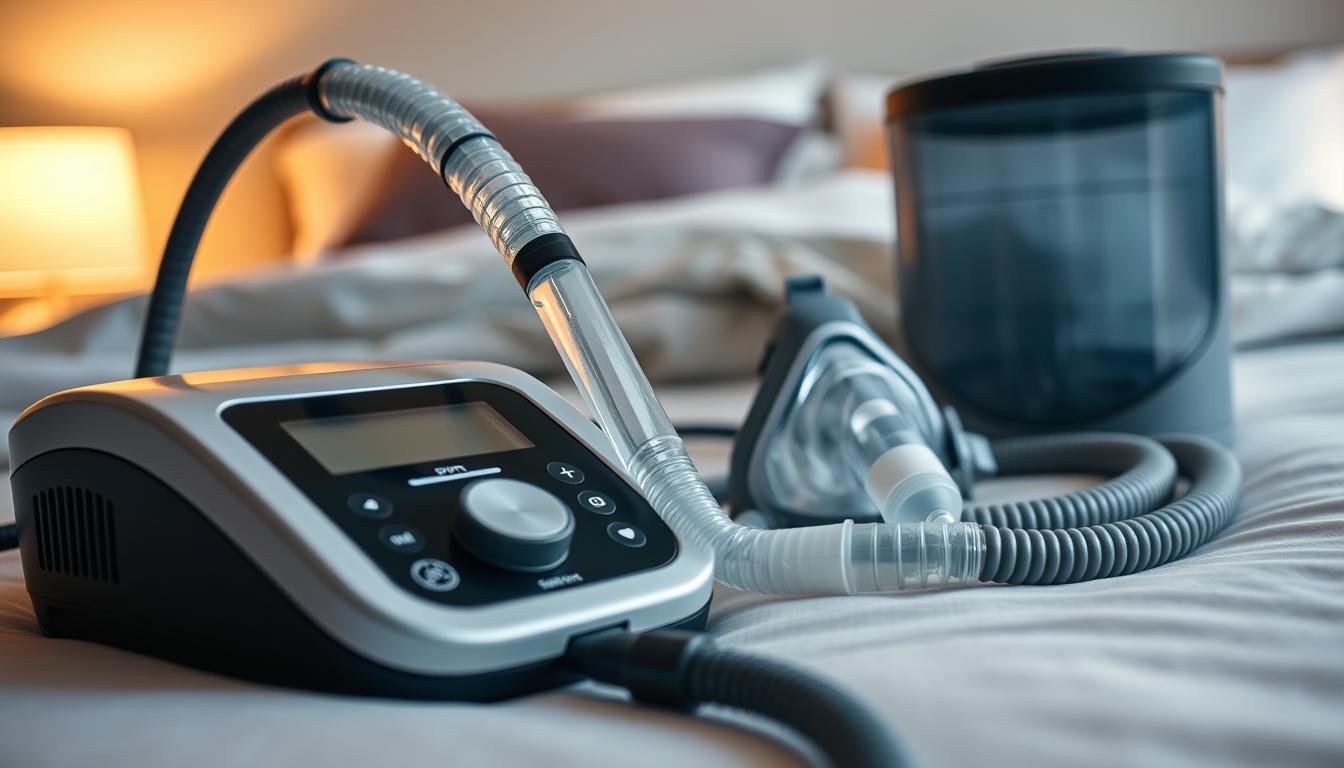 A detailed view of essential components for a sleep apnea breathing machine, including a CPAP device, a mask, tubing, and a humidifier. In the foreground, focus on a sleek, modern CPAP machine, prominently displaying its control panel. The middle ground showcases a soft, comfortable face mask with adjustable straps, alongside a coiled tube connecting to the device. The backdrop features a serene bedroom setting with soft, diffused lighting, creating a calm and restful atmosphere. This setup should emphasize cleanliness and organization, highlighting the importance of these accessories in sleep therapy. The angle should be slightly overhead, capturing the components in a balanced, visually appealing manner. The mood should be informative and professional, with an emphasis on health and well-being.