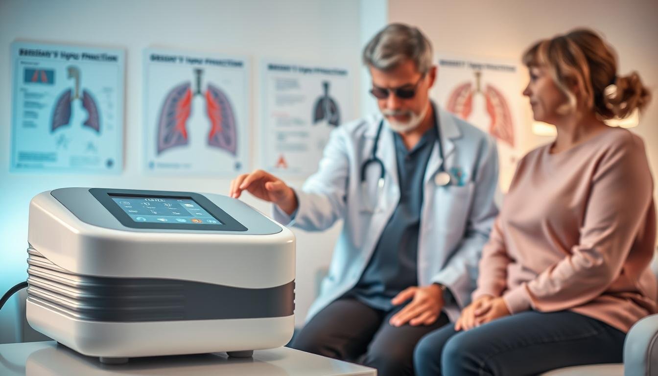 A modern sleep apnea machine designed for treating obesity hypoventilation syndrome is prominently displayed in the foreground, showcasing sleek lines and a digital interface. In the middle ground, a healthcare professional in a lab coat adjusts the device while demonstrating its features to a patient, who is attentively listening, dressed in comfortable, modest attire. The background features a softly lit medical office with posters explaining respiratory function, creating a professional and informative atmosphere. The lighting is bright but warm, emphasizing the machine and the interaction between the healthcare professional and the patient. The overall mood conveys trust and hope, highlighting the importance of technology in enhancing patient care and comfort.