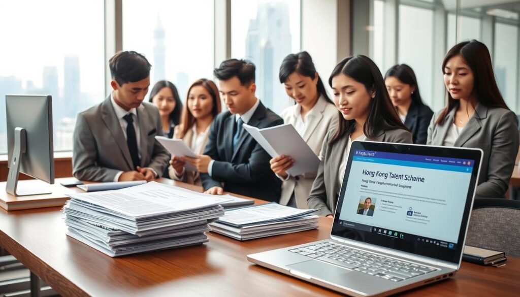A professional office scene depicting the submission process for the "Hong Kong Talent Scheme." In the foreground, a neatly arranged desk with a stack of application documents and a laptop open to a government website. In the middle, a diverse group of applicants in professional business attire, focused and discussing their documents, with expressions of determination and hope. The background features a large window showing a view of the Hong Kong skyline, under bright daylight that illuminates the office space. The atmosphere is one of optimism and professionalism, suitable for the context of immigration and opportunity. No text or logos are present.